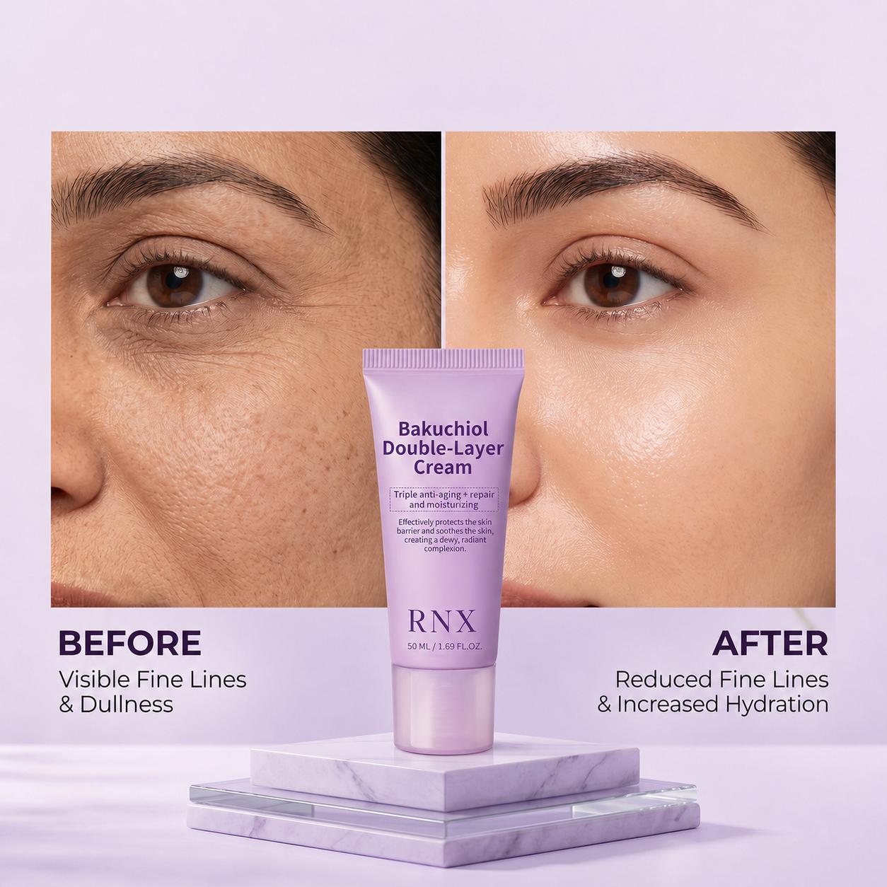 Bakuchiol barrier-support face cream with purple packaging and cream texture for private label skincare