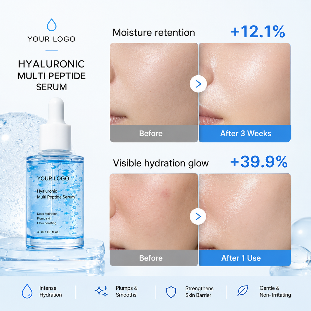 Private label hydrating face serum with Hyaluronic Acid peptide and PDRN direction