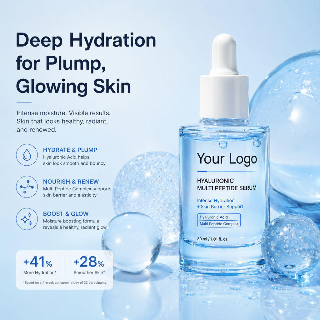 Private label Hyaluronic Multi-Peptide PDRN serum in blue dropper bottle by RNX Labs