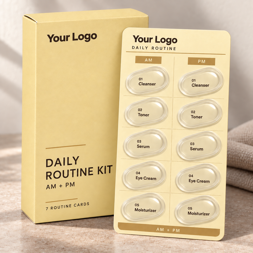 Cream-yellow private label skincare blister kit with a matching seven-card box and printed AM and PM routine card.