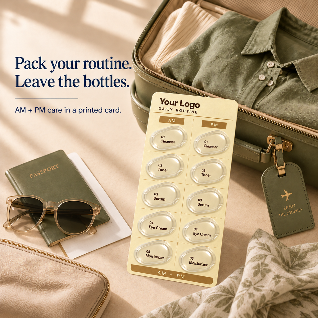 Printed cream-yellow skincare routine card beside a packed suitcase, passport cover and sunglasses.