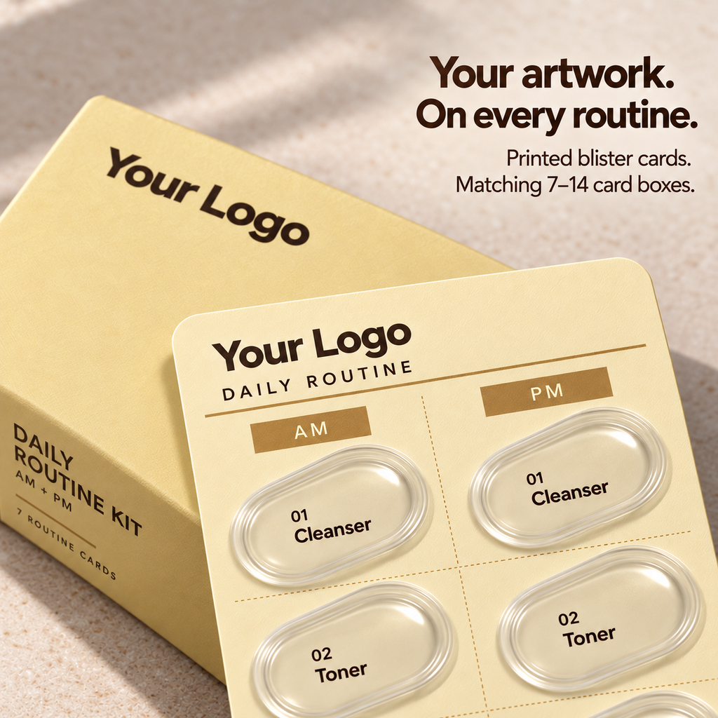 Close-up of printed skincare blister labels and a matching cream-yellow carton, with 7–14 cards per box available.