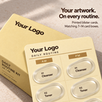 Close-up of printed skincare blister labels and a matching cream-yellow carton, with 7–14 cards per box available.