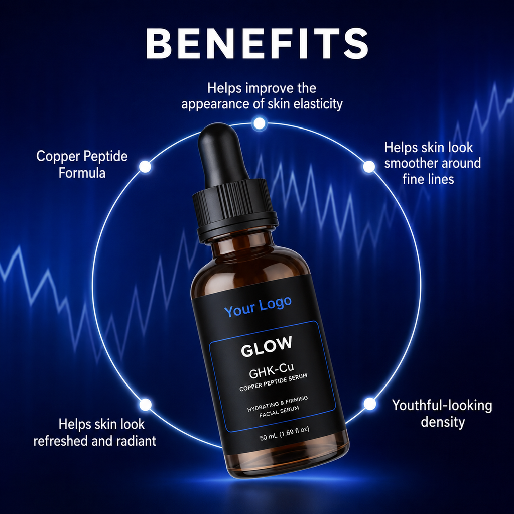 Private label 0.2% GHK-Cu copper peptide serum in black dropper bottle and box by RNX Labs