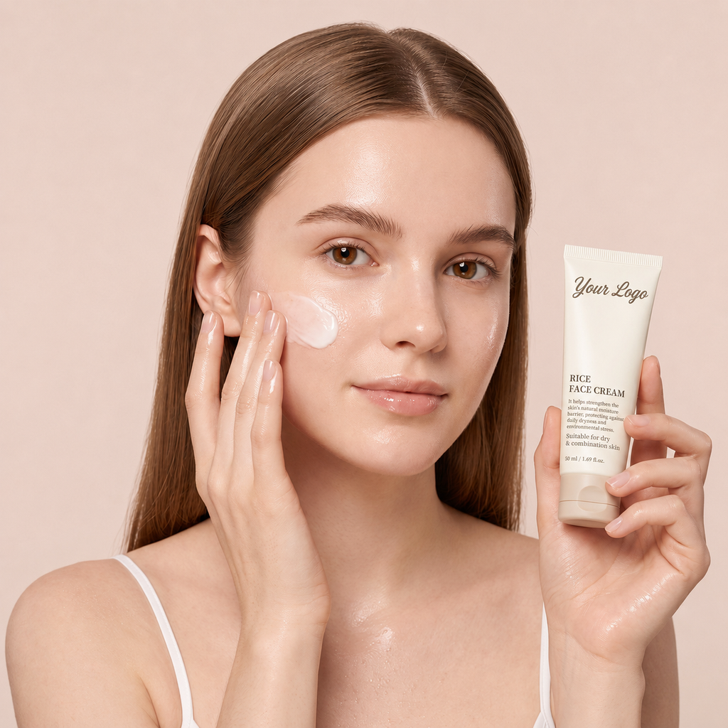 Private label rice facial skincare set with toner, essence and face cream in coordinated beige packaging