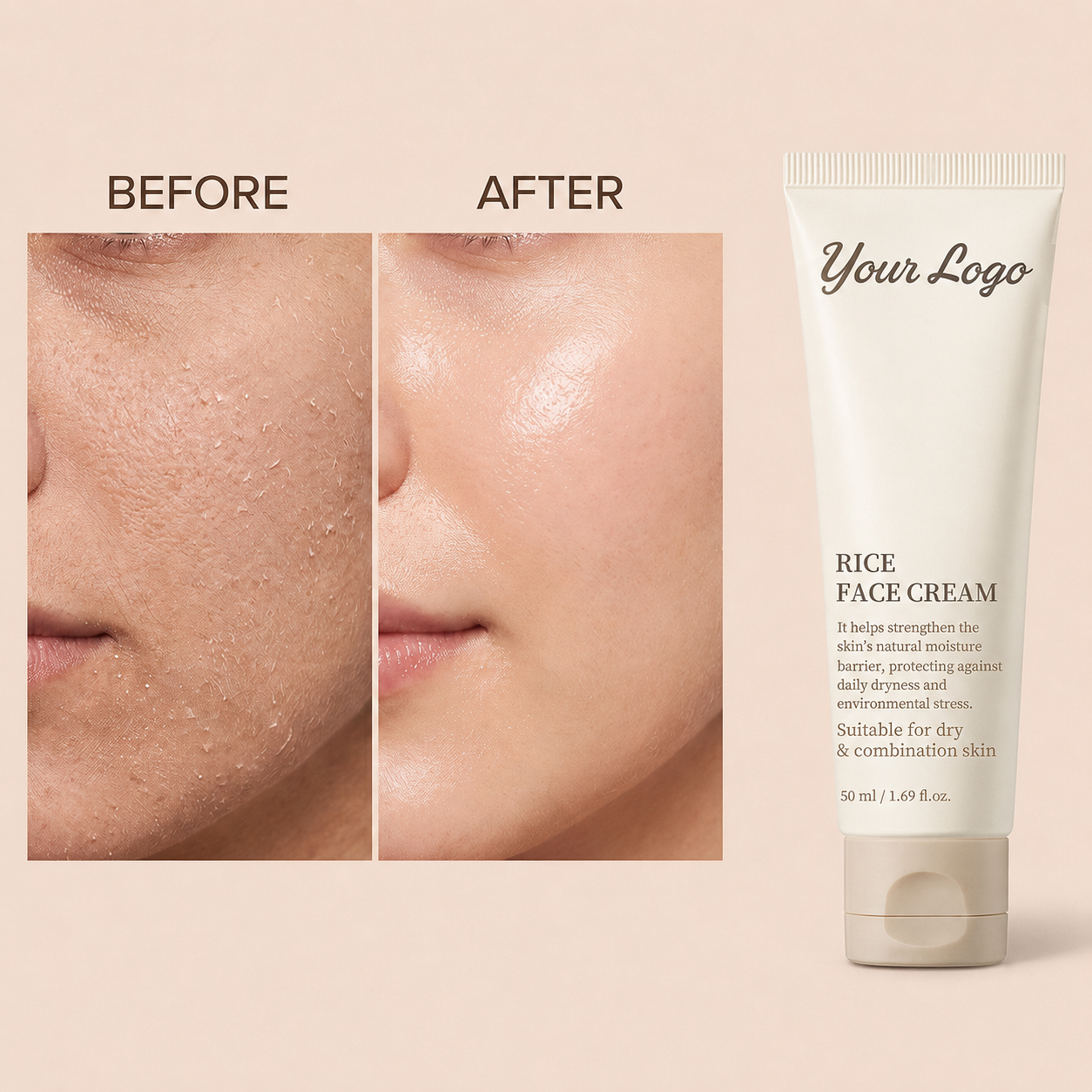 Private label rice facial skincare set with toner, essence and face cream in coordinated beige packaging