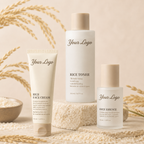 Private label rice facial skincare set with toner, essence and face cream in coordinated beige packaging