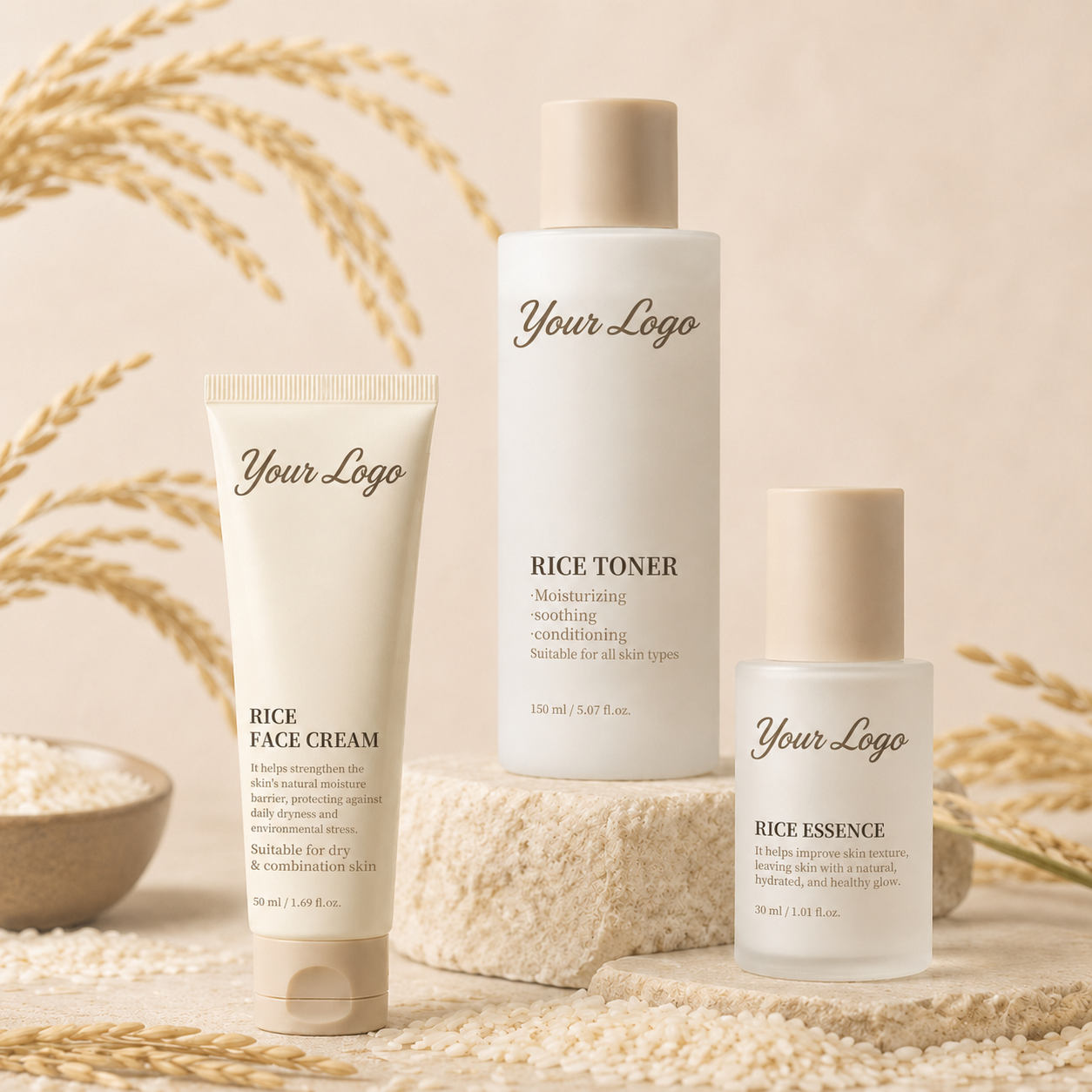 Private label rice facial skincare set with toner, essence and face cream in coordinated beige packaging