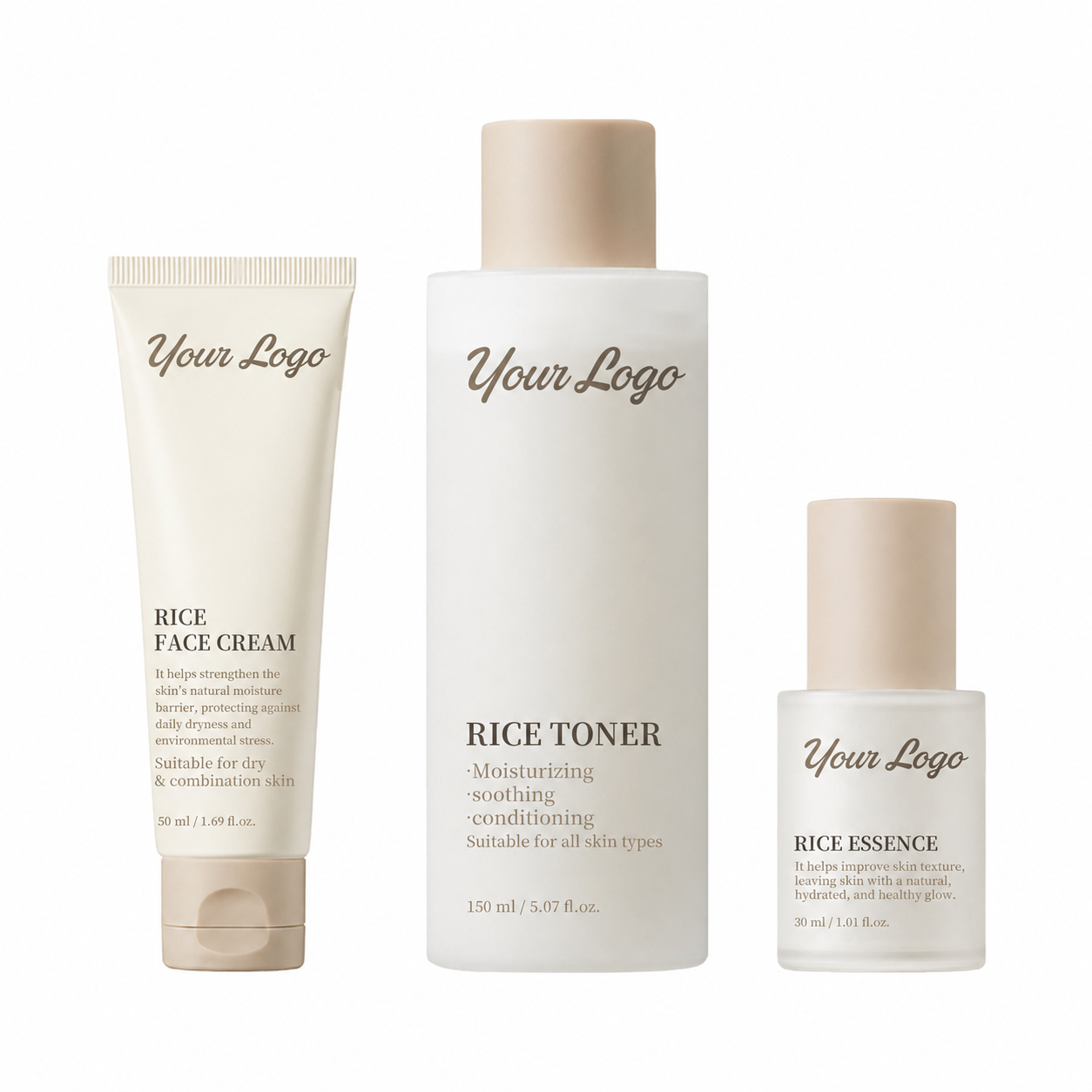 Private label rice facial skincare set with toner, essence and face cream in coordinated beige packaging