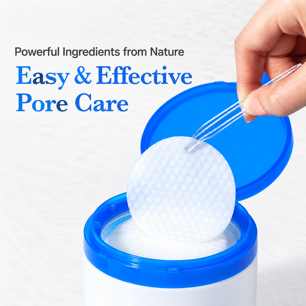 Tweezer lifting a textured white toner pad above an open blue jar; original image has no visible brand.
