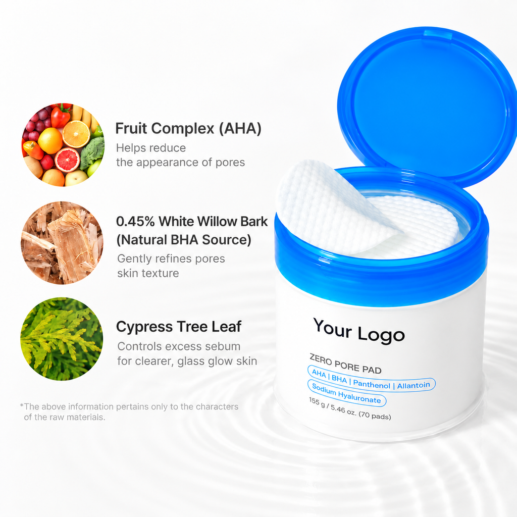 Original ingredient-benefit panel with fruit complex, white willow bark and cypress leaf beside the Your Logo jar.