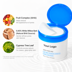 Original ingredient-benefit panel with fruit complex, white willow bark and cypress leaf beside the Your Logo jar.