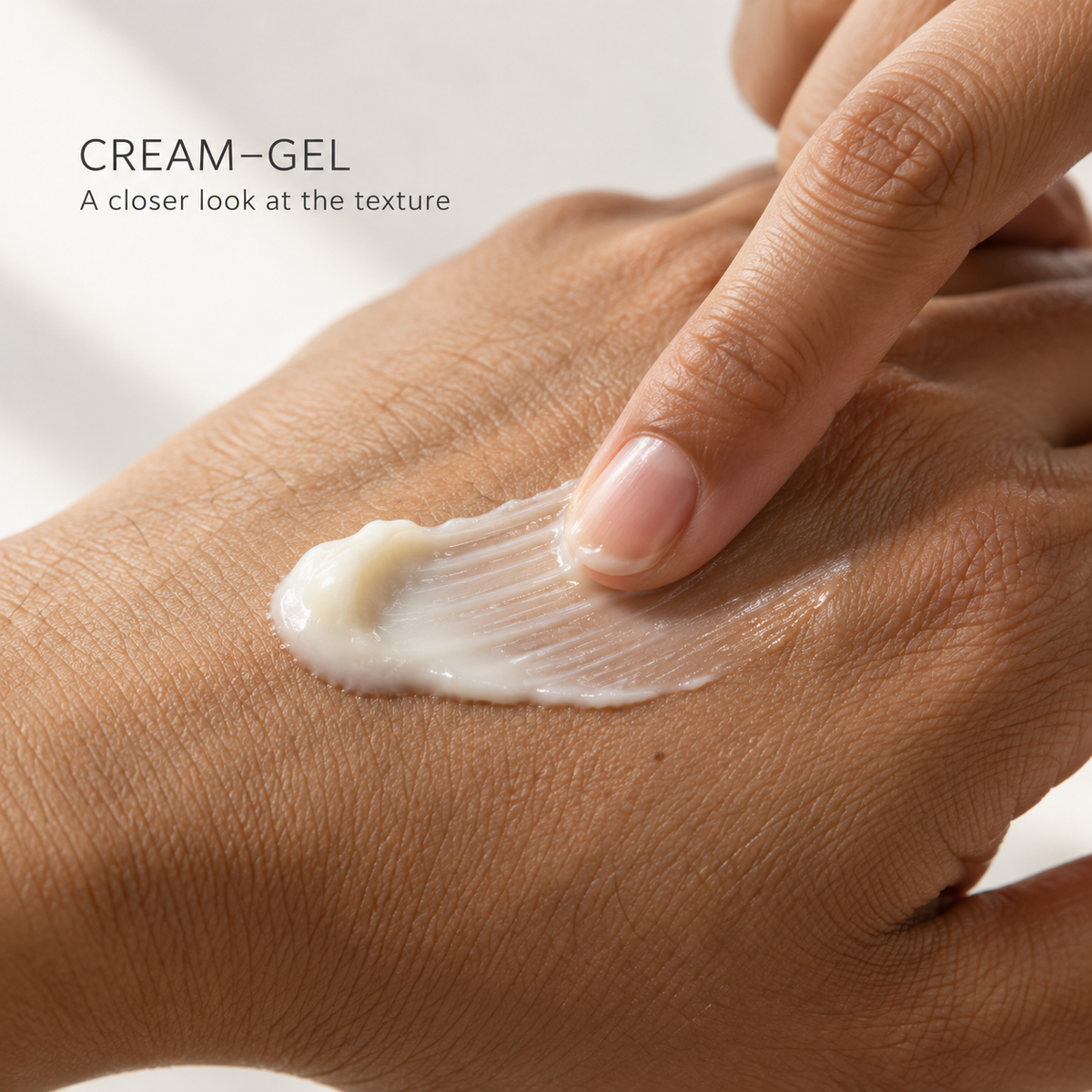 Close-up of ivory azelaic acid cream-gel serum spreading across the back of a hand