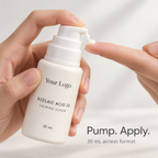 Azelaic acid cream-gel serum dispensed from a 30ml airless pump onto a fingertip