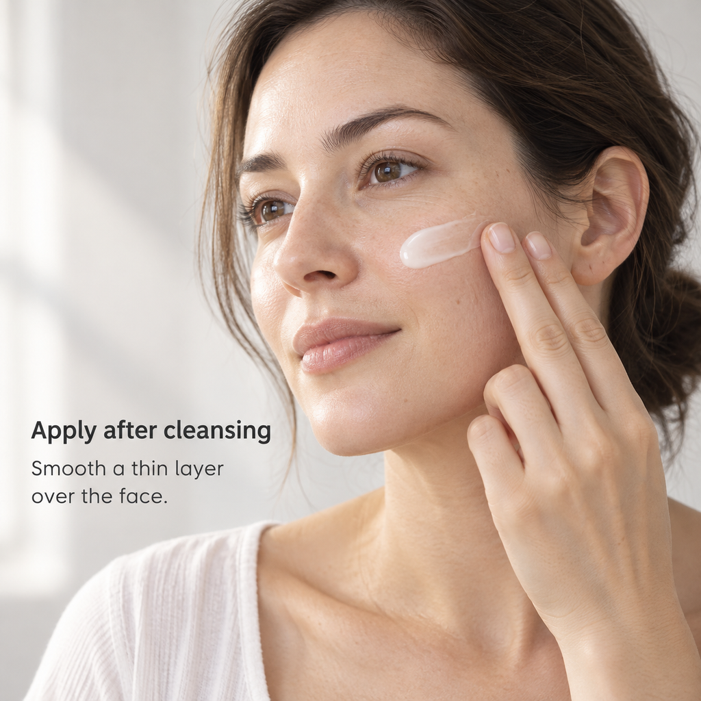 Applying a thin layer of azelaic acid cream-gel serum to the cheek after cleansing