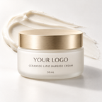 Private label ceramide lipid barrier cream 50ml in an ivory glass jar with champagne lid