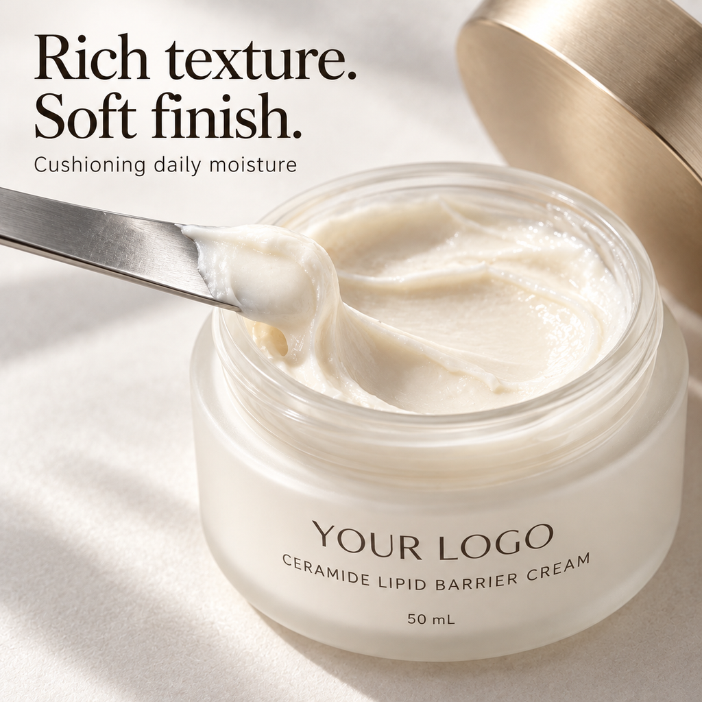Open ceramide cream jar with a spatula showing the cushioning ivory texture