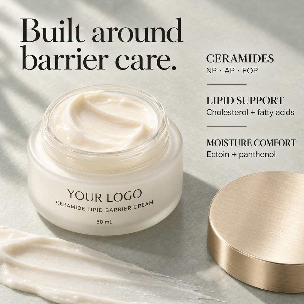 Ceramide NP AP EOP with cholesterol fatty acids ectoin and panthenol cream concept