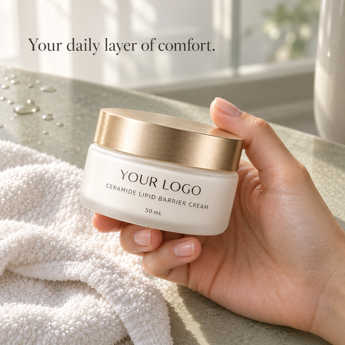 Hand holding a custom 50ml barrier cream jar during a daily skincare routine
