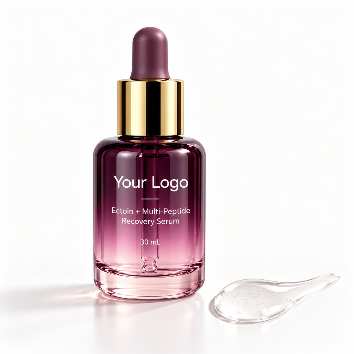 Custom ectoin and multi-peptide recovery serum in a purple-pink 30 mL dropper bottle