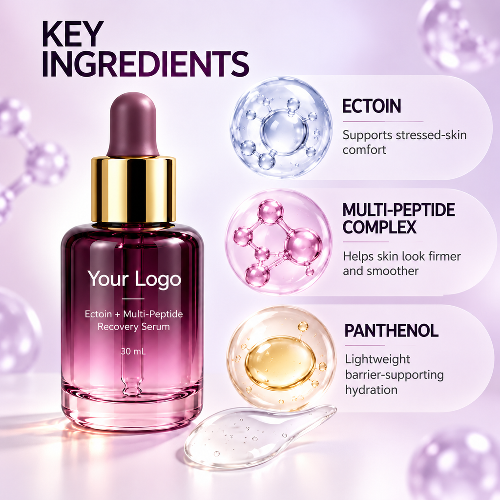 Ectoin, multi-peptide complex and panthenol benefit cards beside the 30 mL serum.