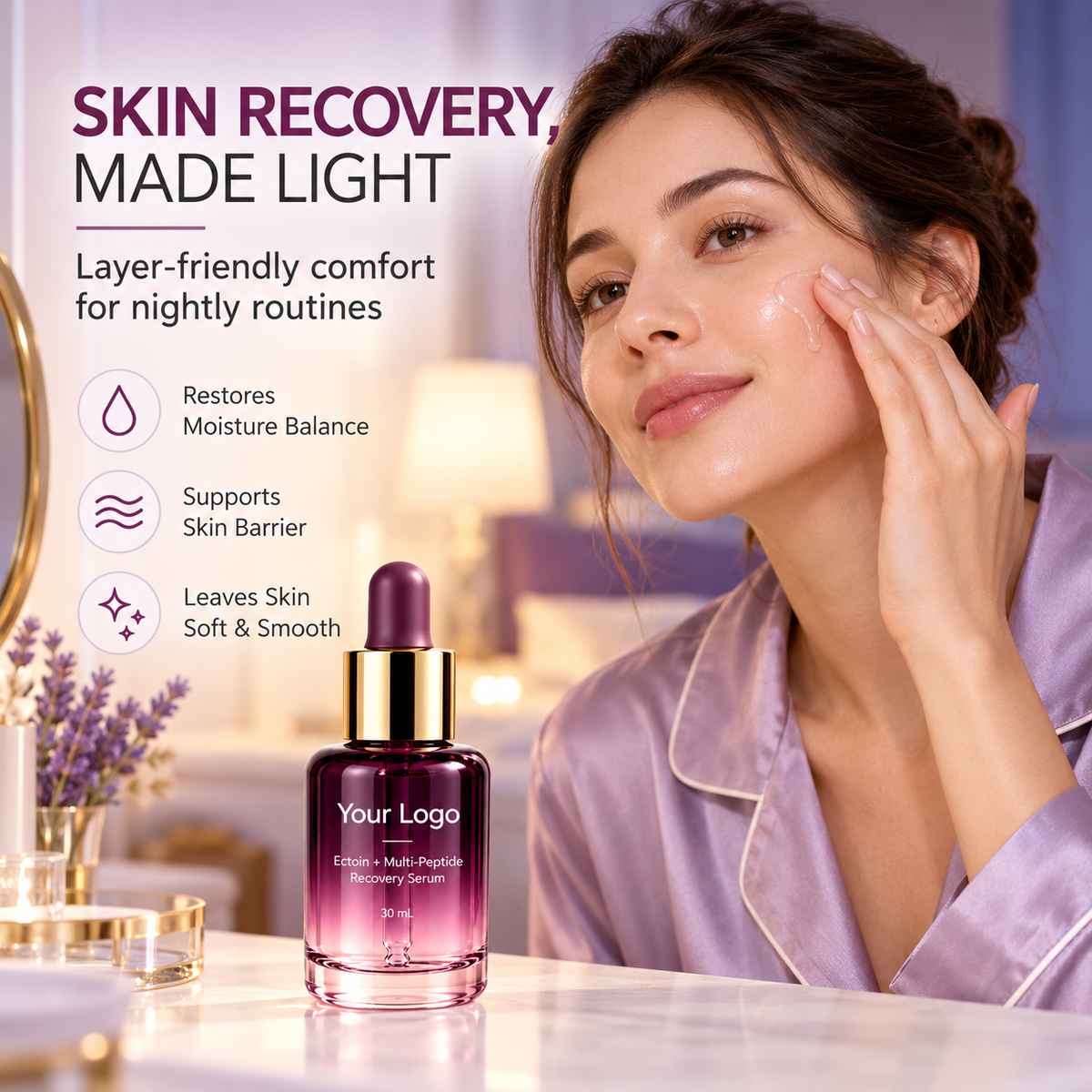 Adult model applying serum at a vanity beside the matching closed 30 mL bottle.