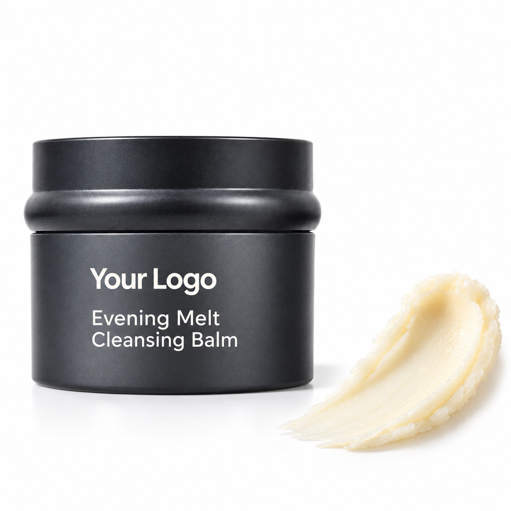 Evening Melt Cleansing Balm in a charcoal jar beside an ivory balm swatch