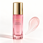 Your Logo brightening serum in a closed pink glass bottle with a complete pink gel swatch.