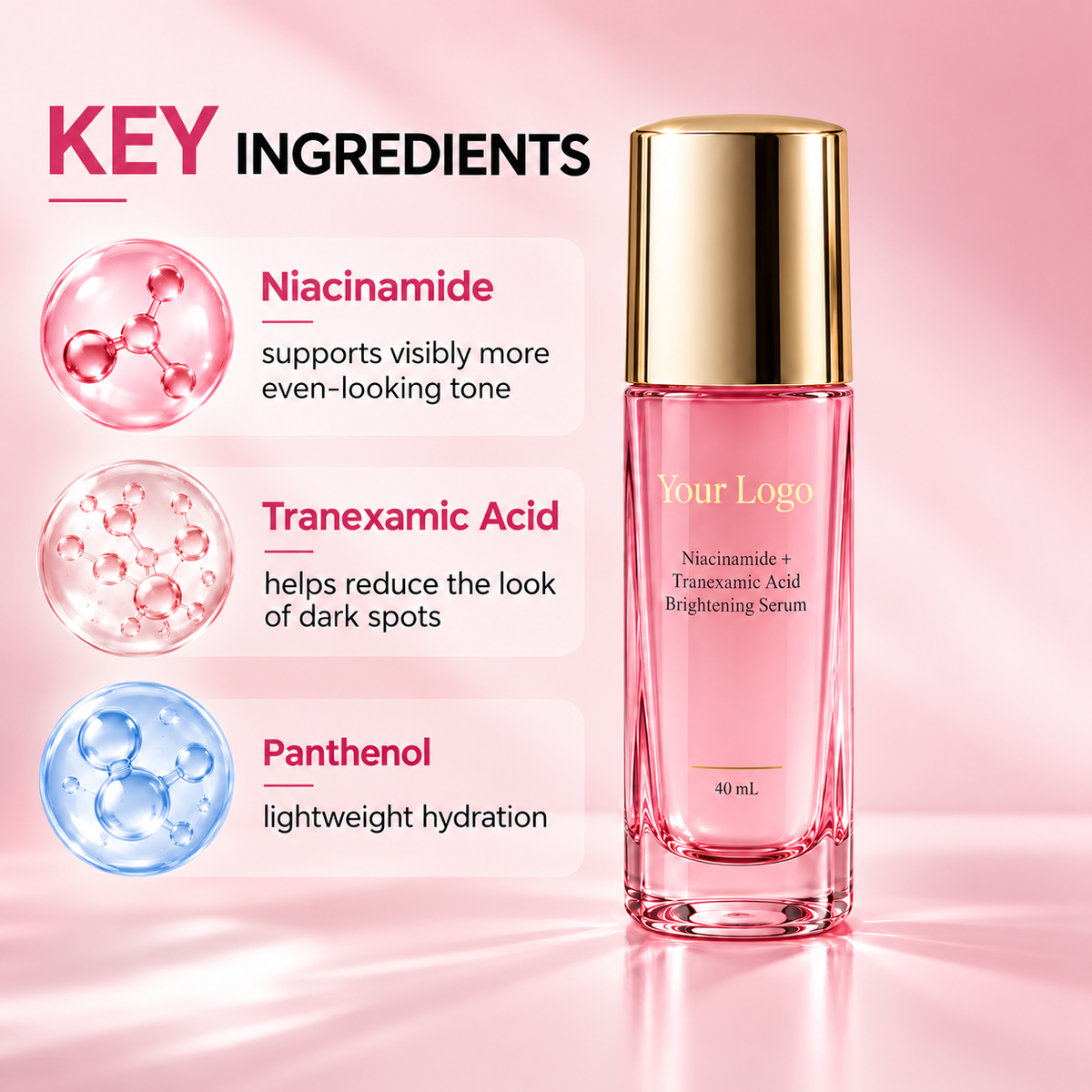 Niacinamide, tranexamic acid and panthenol benefit cards beside the 40 mL serum bottle.