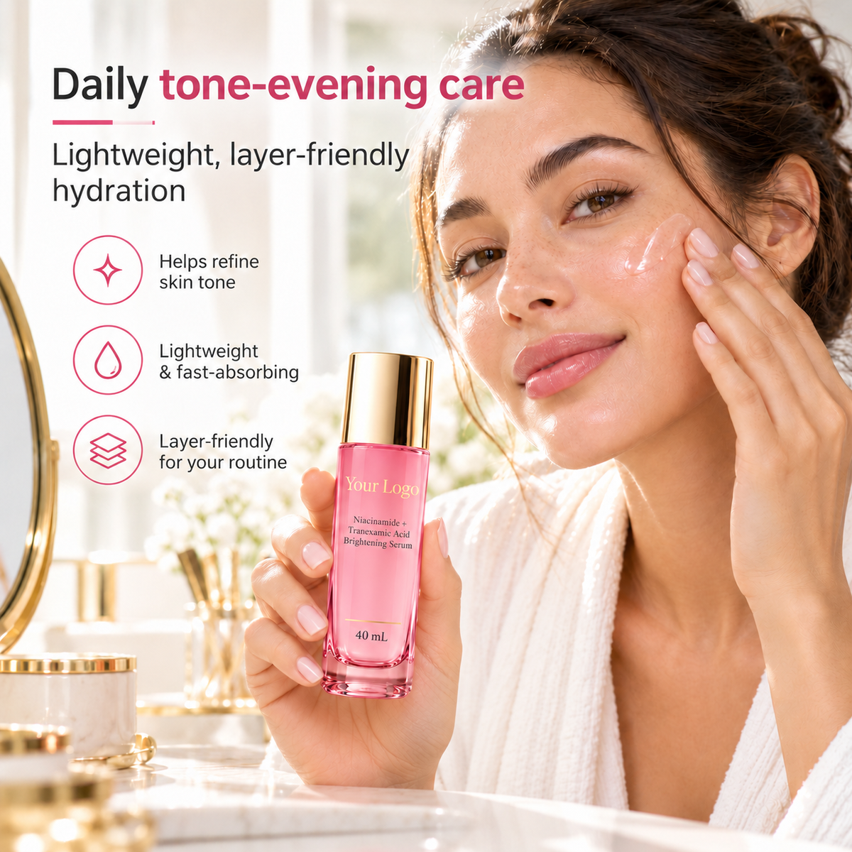 Adult model applying serum to her cheek while holding the closed pink bottle.