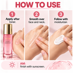Three hand-detail application steps after toner, over face and neck, then moisturizer and morning sunscreen.