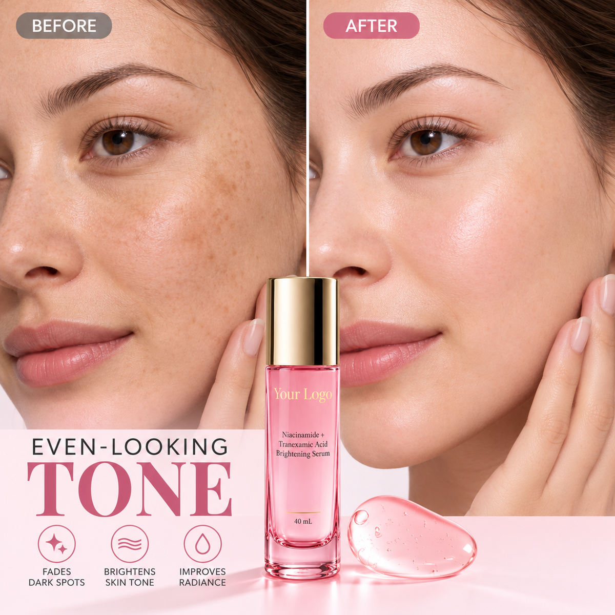 Before and after visual of uneven and more even-looking tone with the same pink serum bottle.