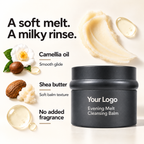 Camellia oil and shea butter beside the charcoal Evening Melt cleansing balm jar