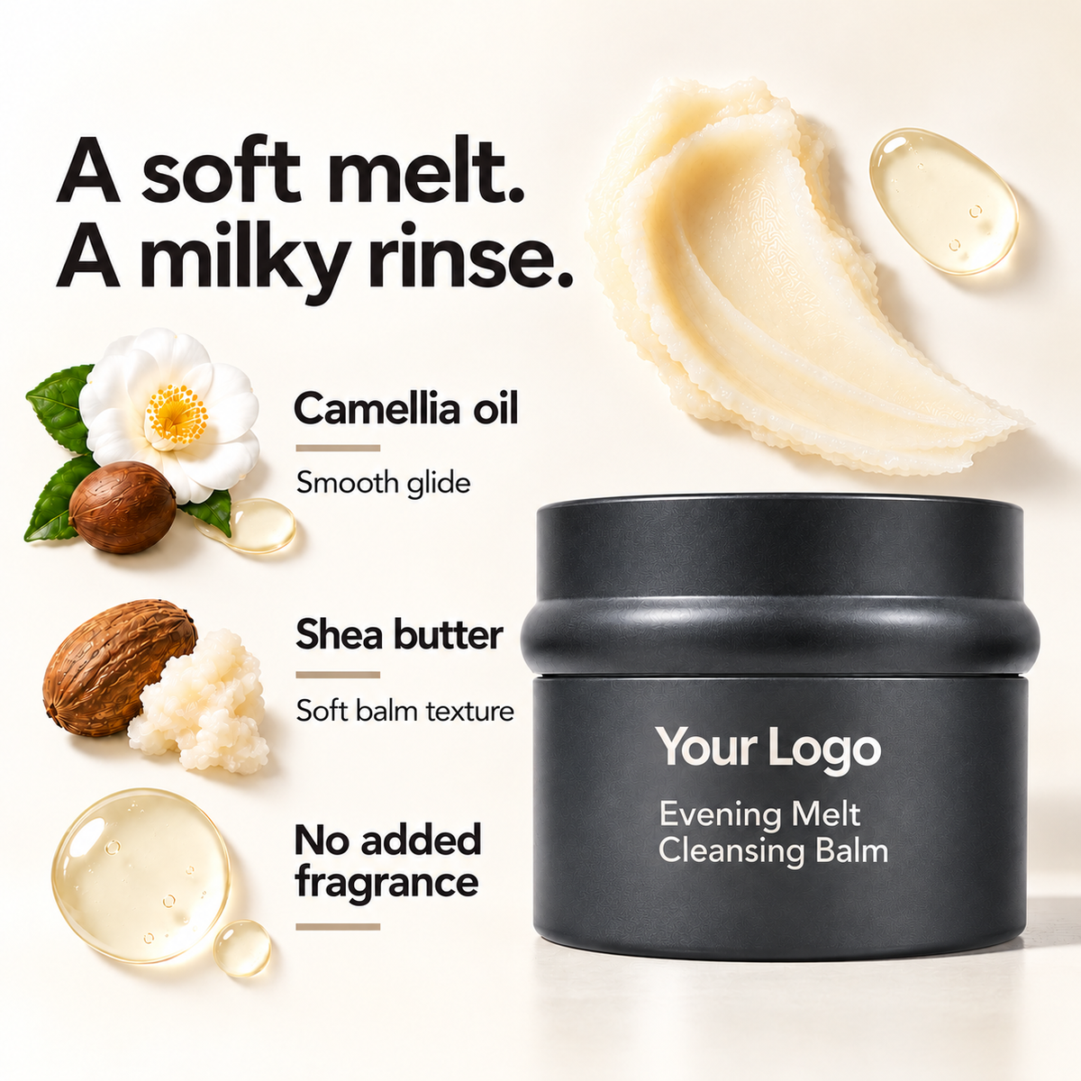 Camellia oil and shea butter beside the charcoal Evening Melt cleansing balm jar