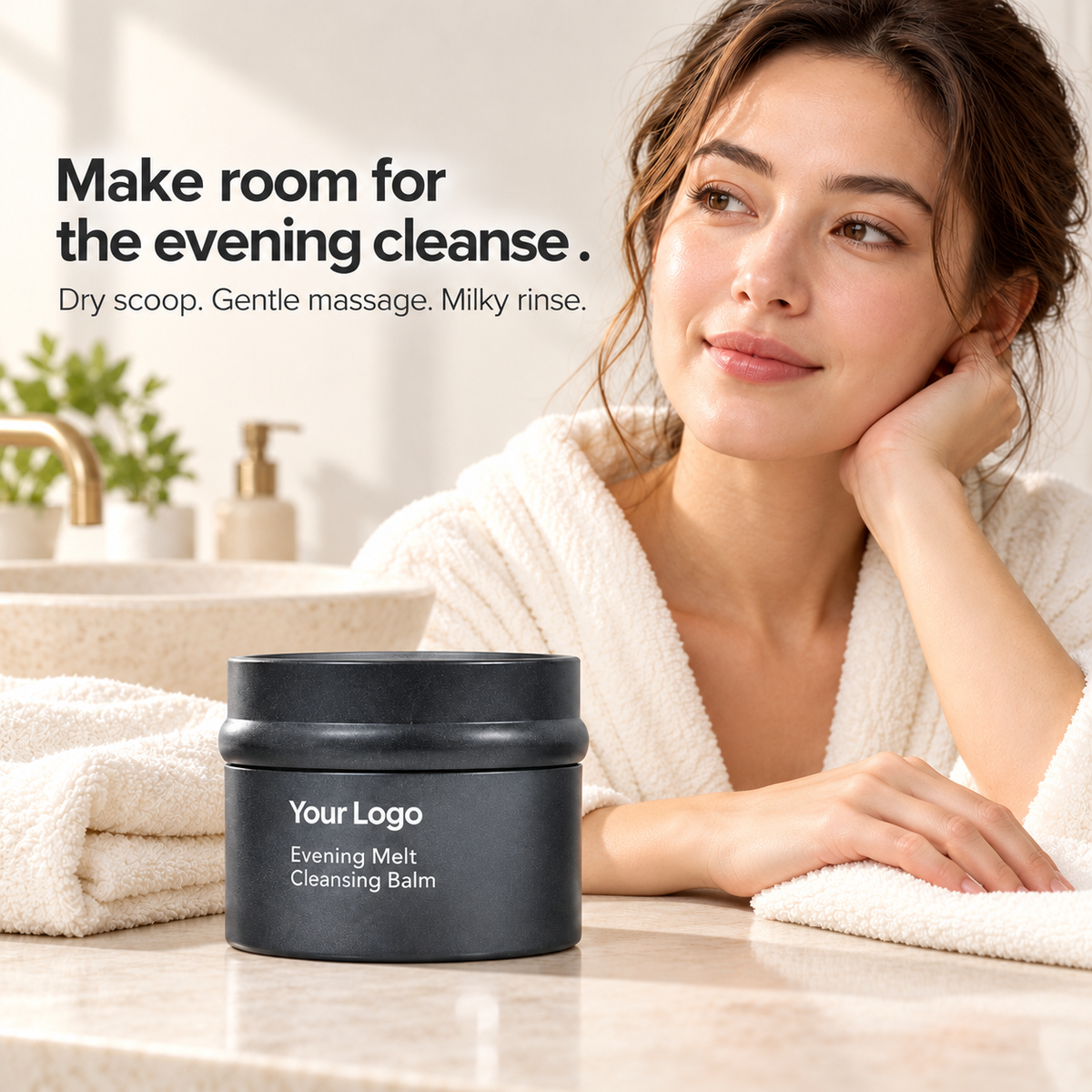 Adult at a bathroom counter with Evening Melt Cleansing Balm