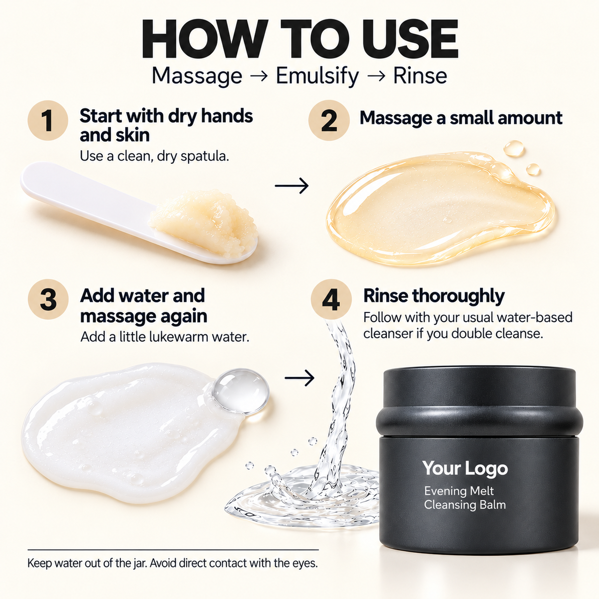 Four steps for cleansing balm: dry start, massage, emulsify and rinse