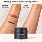 Cosmetic swatches on forearms before cleansing and cleared skin after rinsing