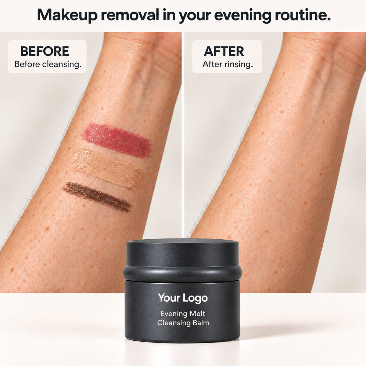 Cosmetic swatches on forearms before cleansing and cleared skin after rinsing
