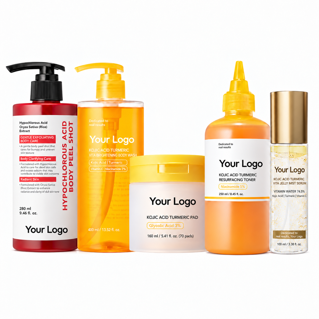 Five-piece kojic acid and turmeric body care set with an HOCl peel, wash, pads, toner and mist serum