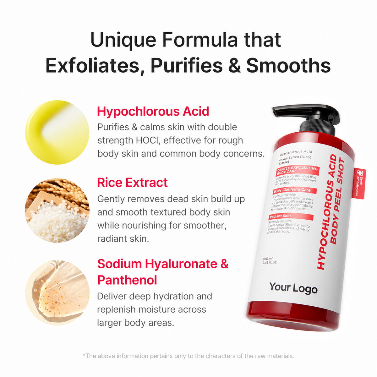 Hypochlorous acid rice body peel with sodium hyaluronate and panthenol ingredient diagram