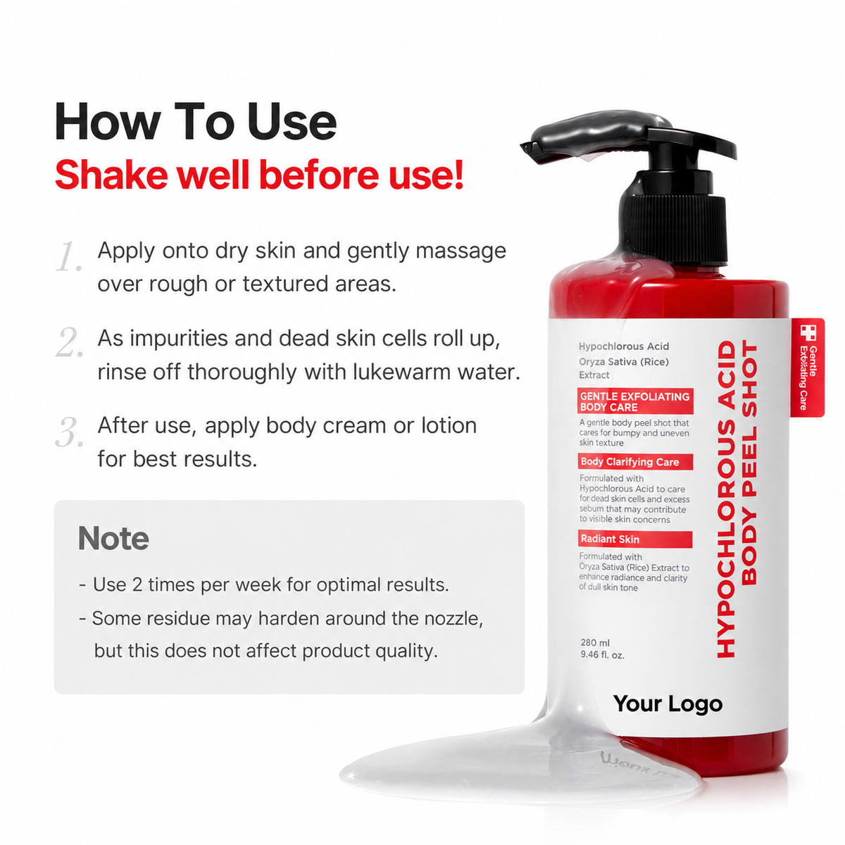 HOCl rice body peel directions for dry-skin application, rinsing and moisturizing