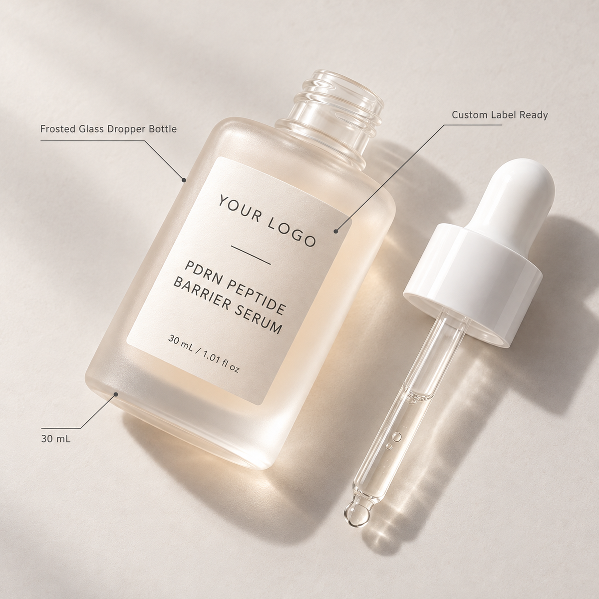 30ml frosted glass dropper bottle with custom label-ready serum packaging