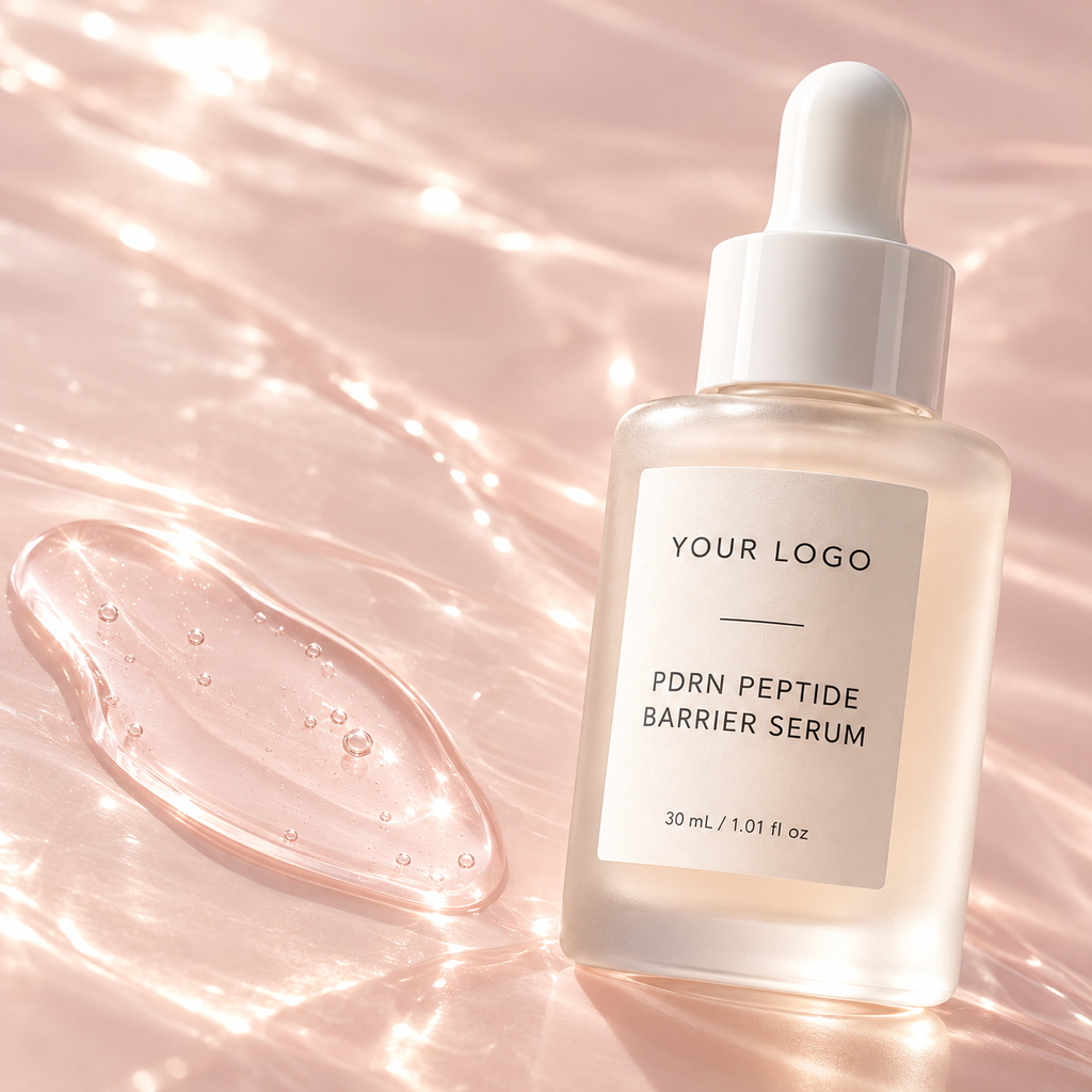 Lightweight pink PDRN peptide serum texture beside custom frosted dropper bottle