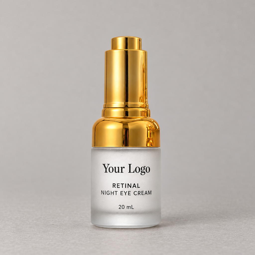 Private label retinal night eye cream in a frosted 20 mL bottle with a gold-tone pump