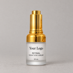 Private label retinal night eye cream in a frosted 20 mL bottle with a gold-tone pump