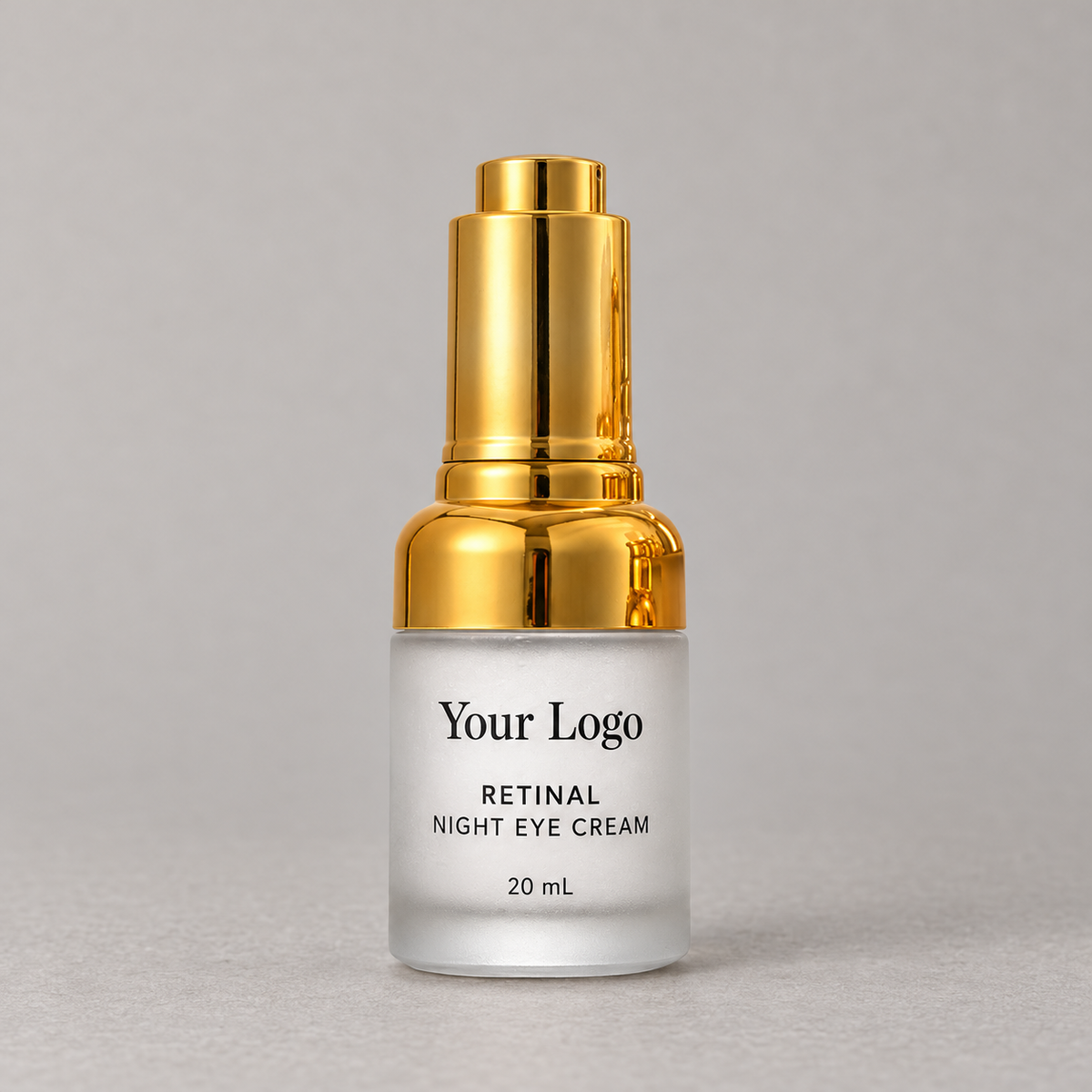 Private label retinal night eye cream in a frosted 20 mL bottle with a gold-tone pump