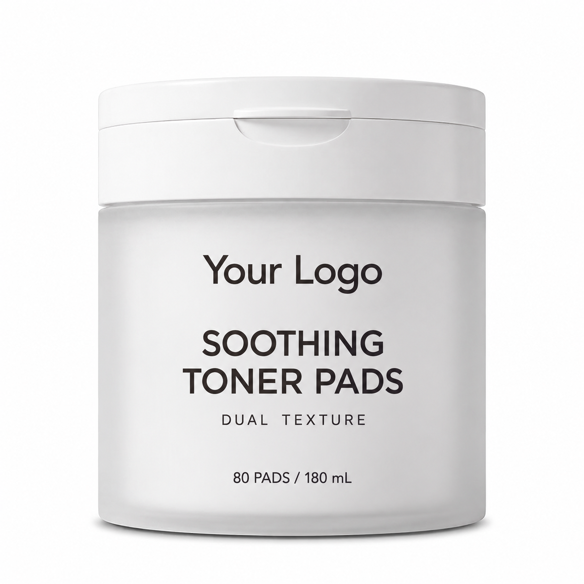 Your Logo soothing toner pads in a frosted white flip-top jar, 80 pads and 180 mL