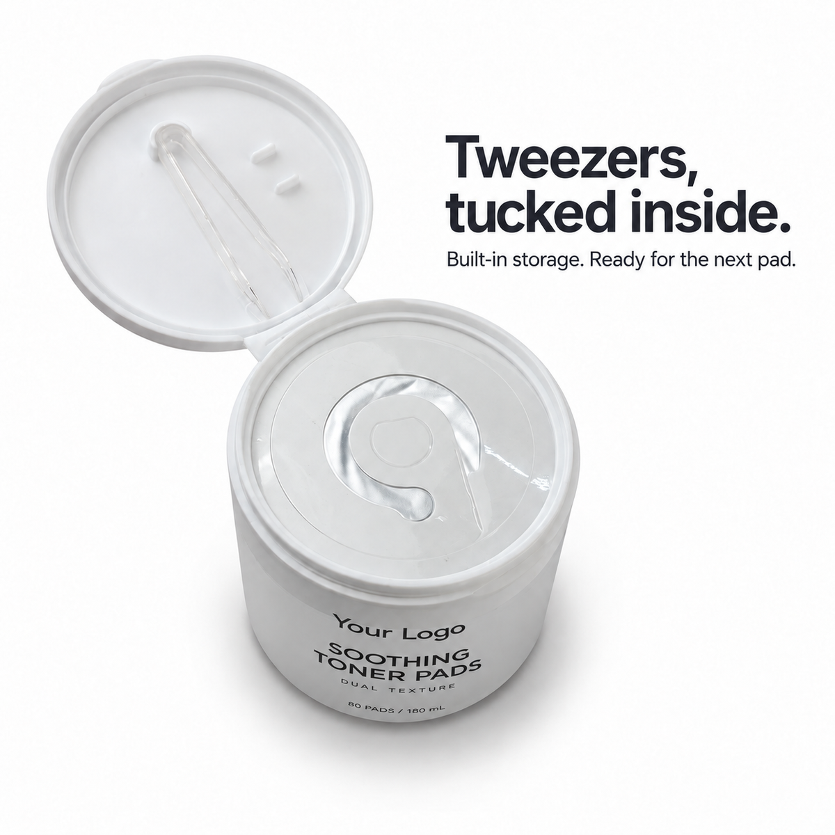 Open white toner pad jar showing built-in tweezer storage and an inner seal