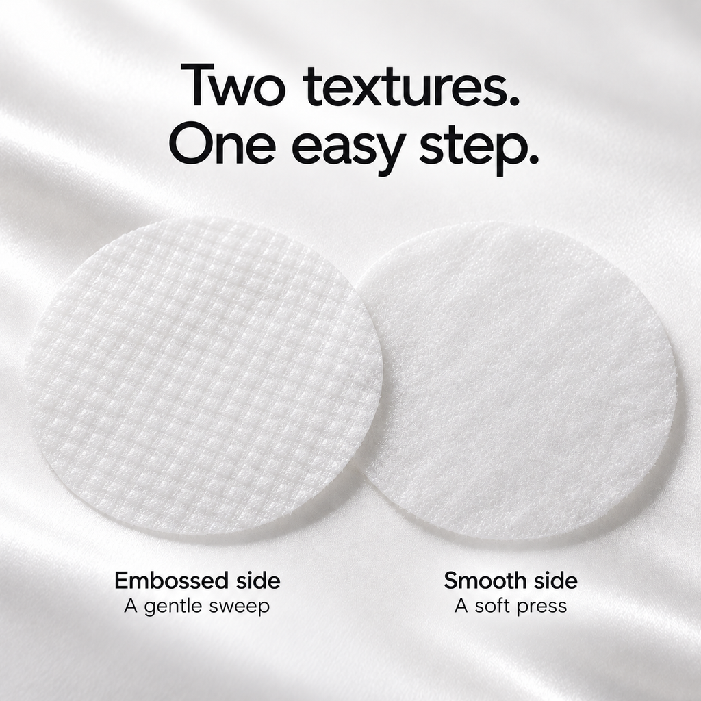 Embossed and smooth surfaces of round dual-texture facial toner pads