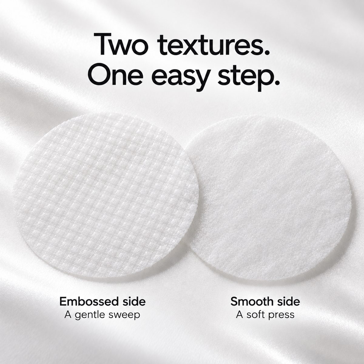 Embossed and smooth surfaces of round dual-texture facial toner pads